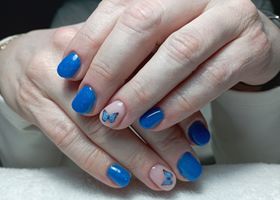 Nehty v modré barvě s motýlky – Gelové nehty fotografie – Nehty Ilona