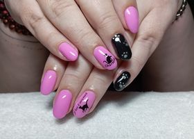 Růžovo–černé nehty s kočkou – Gelové nehty fotografie – Nehty Ilona