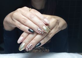 Čtyřbarevné nehty s tygří tematikou – Nehtové studio Brno – Nehty Ilona