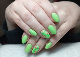 Jarní, světle zelené nehty s malovanými růžovými kvítky – Nehtové studio Brno – Nehty Ilona