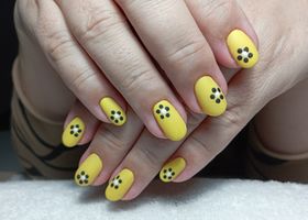 Žluté nehty v matném provedení s malovanými květy – Modeláž nehtů Brno – Nehty Ilona