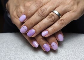 Krátké fialkové nehty se stříbrnými proužky a třpytkami – Úprava nehtů – Nehty Ilona