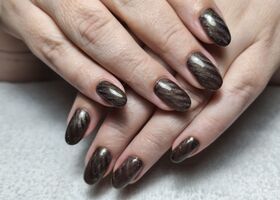 Magnetický tmavě hnědý gellak s proužky – Nehty foto – Nehty Ilona