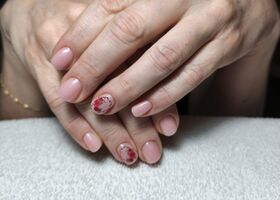 Krátké nehty v lehce třpytivém tónu s růžičkami – Modeláž nehtů Brno – Nehty Ilona